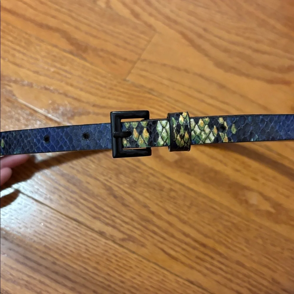 Joe Fresh Snake Print Belt Small Blue Green Yellow Vegan Leather Classic Thin